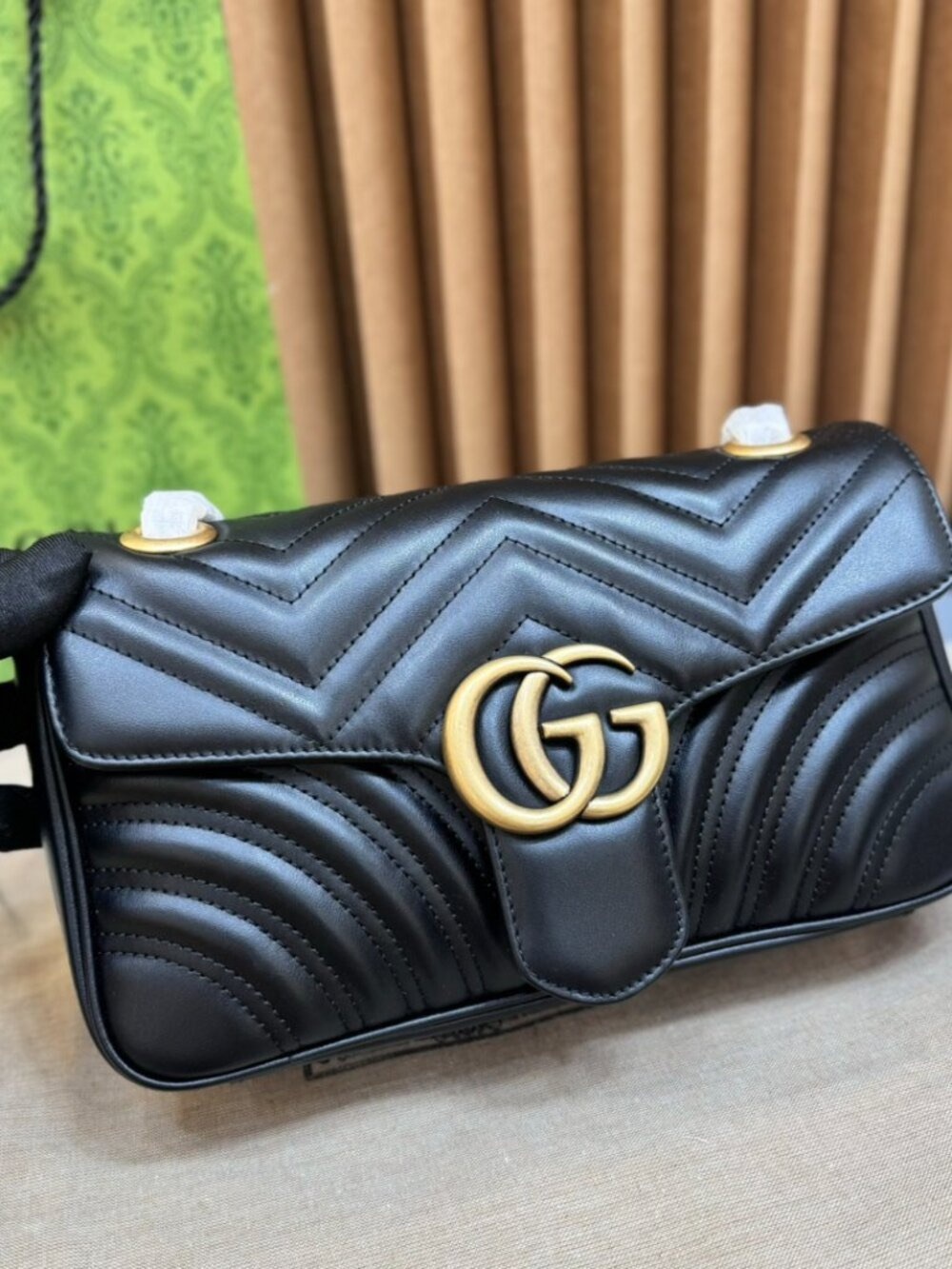 Gucci Black Leather GG Marmont Bag with Gold Chain